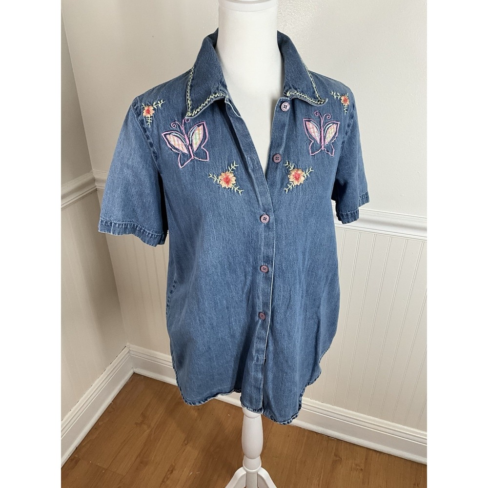 Lemon Grass Vintage Denim Blouse Butterly Floral Embroidery Women‎ Size S